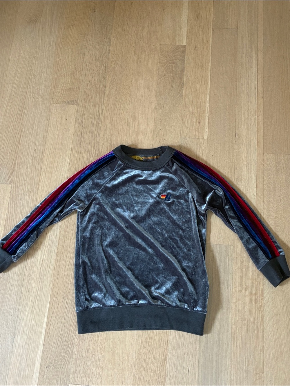 Aviator Nation Gray Velvet Crewneck Sweatshirt with Multicolor Stripe Sleeves
